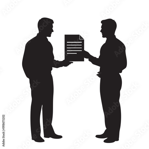 Two business men exchanging documents, business deal, contract signing, agreement, partnership, isolated vector silhouette illustration on white background