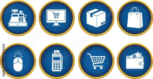 E Commerce and Online Shopping Icon Set Featuring Cash Register, Monitor Storefront, Package Box, Shopping Bag, Cart and Digital Payment Vector Collection