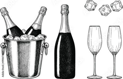Champagne bottle and glasses vintage engraving illustration, ice bucket sparkling wine celebration sketch, luxury party drink hand drawn vector style