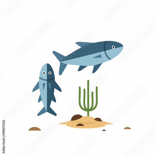 Flat Illustration Two Tuna Fish with Plant Sand Underwater Illustration