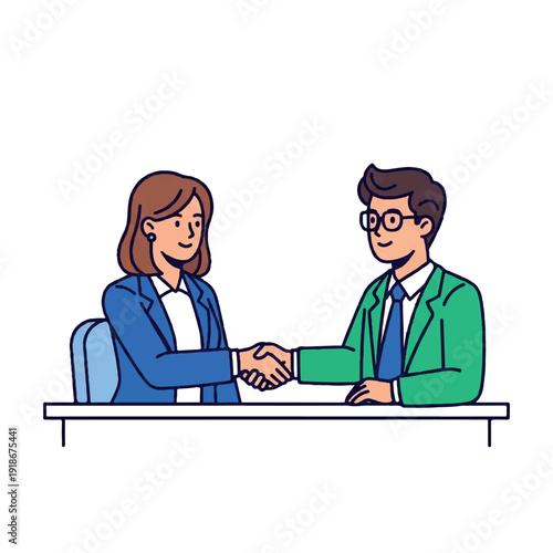 A woman and a man in business attire shake hands across a desk in a colorful, cartoon-style illustration with a professional mood.
