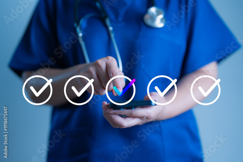 Nurse using smartphone with digital checklist interface, healthcare quality assurance, medical compliance, patient safety standards, clinical workflow management and hospital accreditation process.
