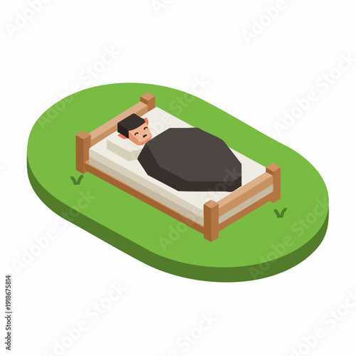 Isometric Illustration of a Man Sleeping Peacefully on Bed on Green Land