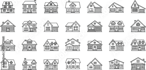 Suburban House Icon Set Featuring Cottage Homes, Family Residences, Detached Buildings and Real Estate Architecture Line Vector Collection