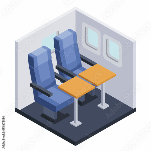 Isometric Detailed Cabin Interior Train Seats with Folding Table Illustration