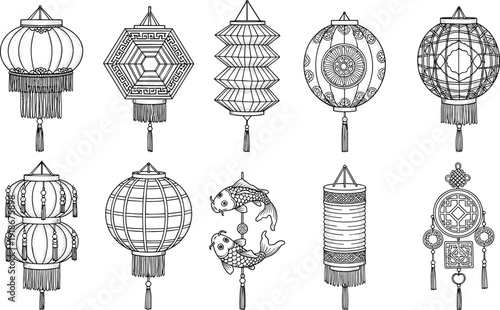 Chinese lantern engraving collection with traditional hanging decorations koi fish ornaments and oriental festival lamp line art illustration set