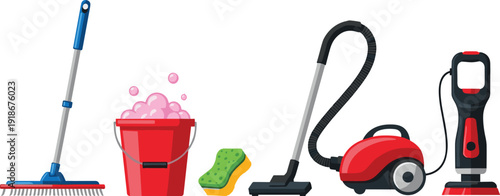 Cleaning tools cartoon illustration set with mop bucket sponge vacuum cleaner floor washer household hygiene equipment vector collection design