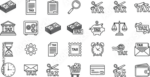 Tax and Finance Icon Set Featuring Invoice, Money, Bank, Audit, Clock, Balance Scale and Payment Symbols Line Vector Collection