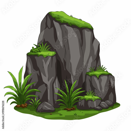 Detailed Illustration of a Lush Rocky Outcropping with Greenery Clipart