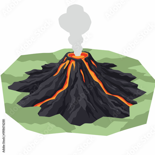 Isometric Colorful Volcano Erupting with Lava Flowing from Crater Illustration