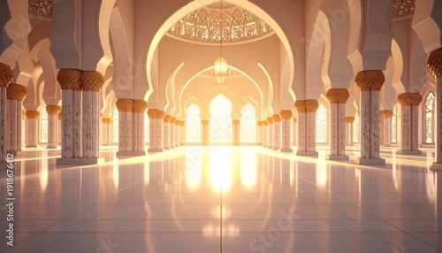 Elegant Mosque Interior with Arches and Light, Architectural Grandeur.
