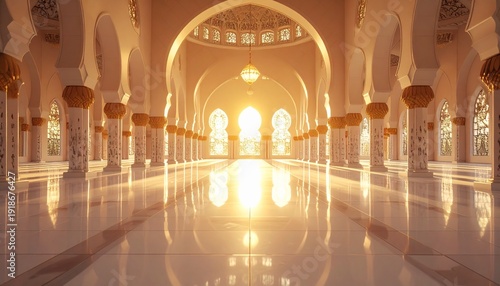 Elegant mosque interior with marble floors and arched walkways.