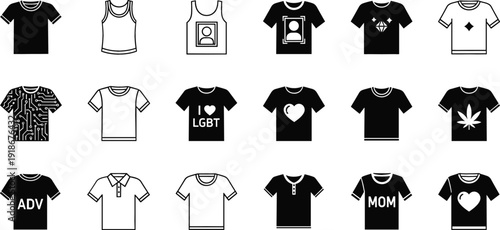 T Shirt Design Icon Set Featuring Graphic Tees, Pride Shirt, Heart Print, Cannabis Leaf and Slogan Apparel Vector Collection