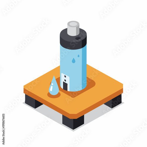 Isometric Illustration of Portable Hydrogen Water Generator Technology on Wooden Table