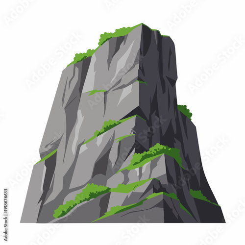 Cartoon Detailed Rock Mountain with Greenery Illustration on White Background