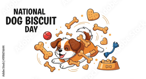 Illustration of a playful dog surrounded by dog biscuits and bones on National Dog Biscuit Day with a colorful and lively design.