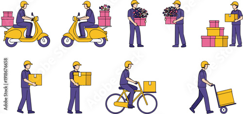 Courier delivery service worker set with scooter bicycle boxes parcel logistics shipping character vector illustration collection modern flat design