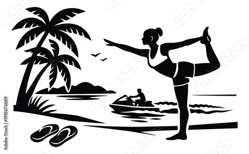 Silhouette illustration of a tropical beach scene depicting a woman doing yoga for summer vacation