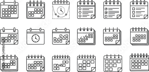 Calendar Planner and Schedule Icon Set Featuring Monthly Organizer, Task Checklist, Reminder Clock and Event Planning Line Vector Collection
