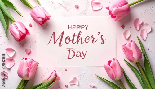 Happy Mothers Day with Pink Tulips and Petals.