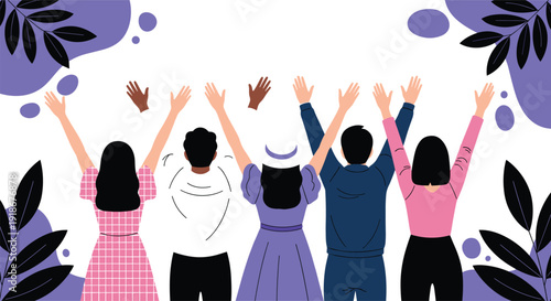 Diverse people raising hands together flat illustration, teamwork unity community support concept, multicultural group celebration vector background design artwork