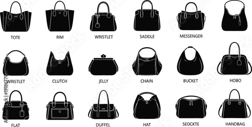 Women Handbag Silhouette Icon Set Featuring Tote, Clutch, Satchel, Messenger, Bucket, Hobo and Duffel Bag Fashion Collection