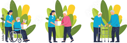 Elderly care assistance illustration set with caregiver helping senior people wheelchair walking aid support healthcare community service flat vector