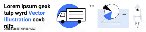 Delivery truck, pie chart with analysis elements, and rocket highlight logistics, analytics, and growth. Ideal for business, progress, innovation, startup success logistics technology simple