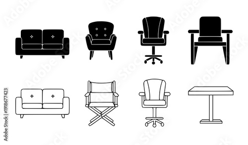 Furniture and chair icon set solid and outline vector collection