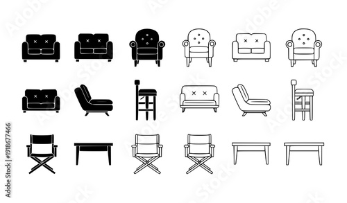 Interior furniture silhouette and outline icon set vector