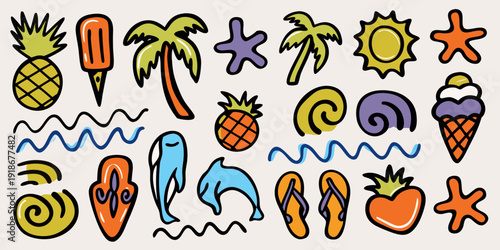Colorful summer doodles featuring tropical fruits ocean life and accessories
