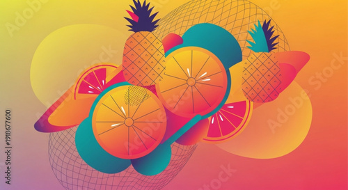 Vibrant illustration of sliced citrus fruits and pineapples in a colorful gradient background
