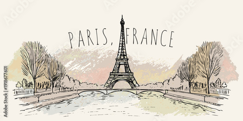 Sketch of the eiffel tower in paris france with surrounding trees