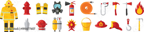 Firefighter equipment flat icon set, fire safety tools helmet extinguisher hose hydrant rescue gear emergency service vector illustration collection