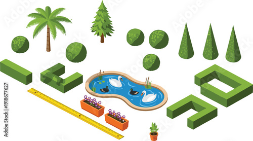 Garden landscaping elements isometric vector set, trees bushes pond swans hedge design tools outdoor park planning illustration collection design