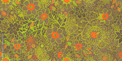 A vibrant repeating pattern of stylized flowers in shades of orange and green