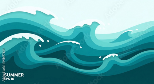 Teal ocean waves with white foam crest on a light blue background summer vector illustration