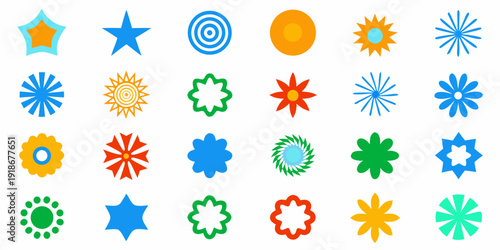 Colorful geometric shapes and starbursts arranged in a grid pattern