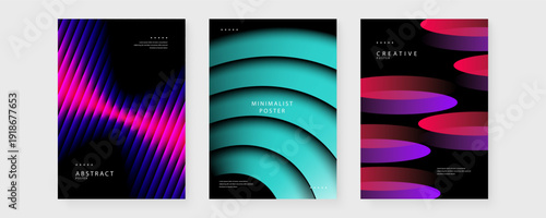 Set of three posters featuring rhythmic lines curved layers and floating 3D circles in neon colors