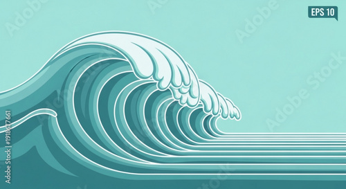 Large ocean wave with turquoise water curling over on itself in a stylized illustration