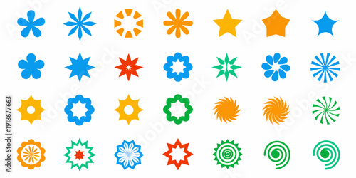 Colorful collection of various star and floral shaped icons arranged neatly