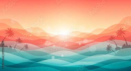 Vibrant tropical sunset over ocean waves with palm trees and mountains in the background warm sunny landscape