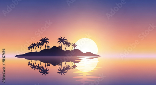 Tropical island silhouette at serene sunset with palm trees reflecting on calm ocean water surface