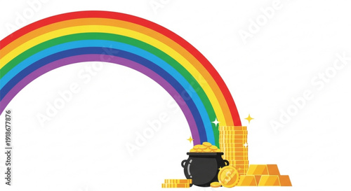 Rainbow arching over a pot of gold coins and treasure on a white background symbolizing luck and prosperity