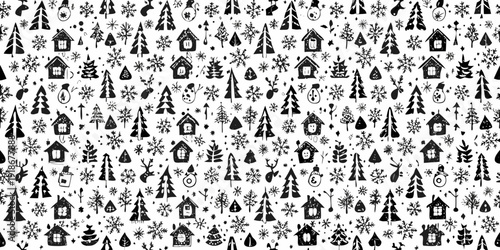 Whimsical black and white pattern of winter houses and snowflake designs