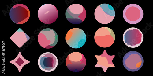 Collection of colorful abstract circular and geometric shapes on black