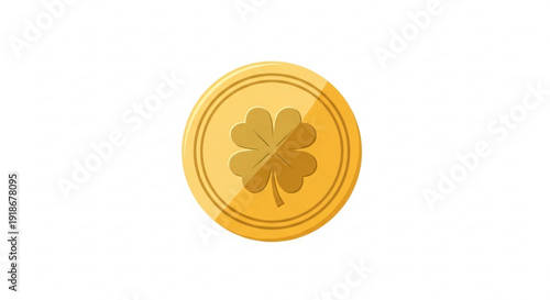 Golden coin with four leaf clover symbolizing good luck and prosperity on white background