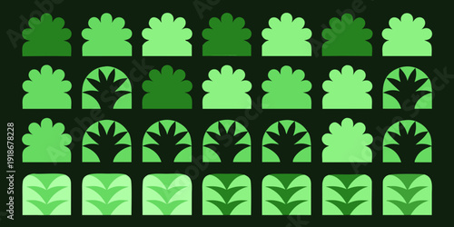 A grid of stylized green cannabis leaf shapes in varying shades