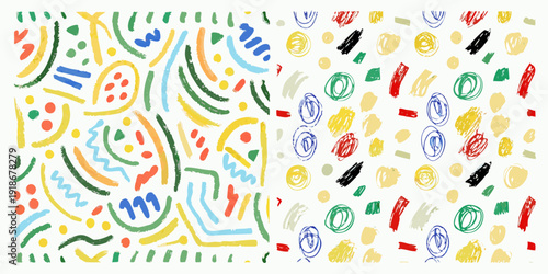 Abstract colorful doodle pattern with lines shapes and scattered elements