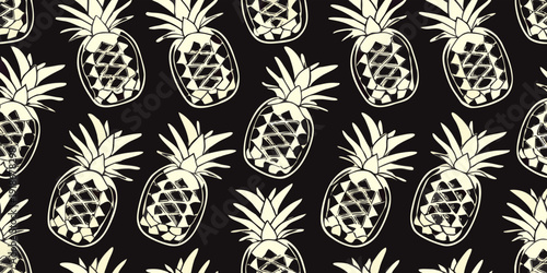 Seamless pattern of sketched pineapples on a dark background